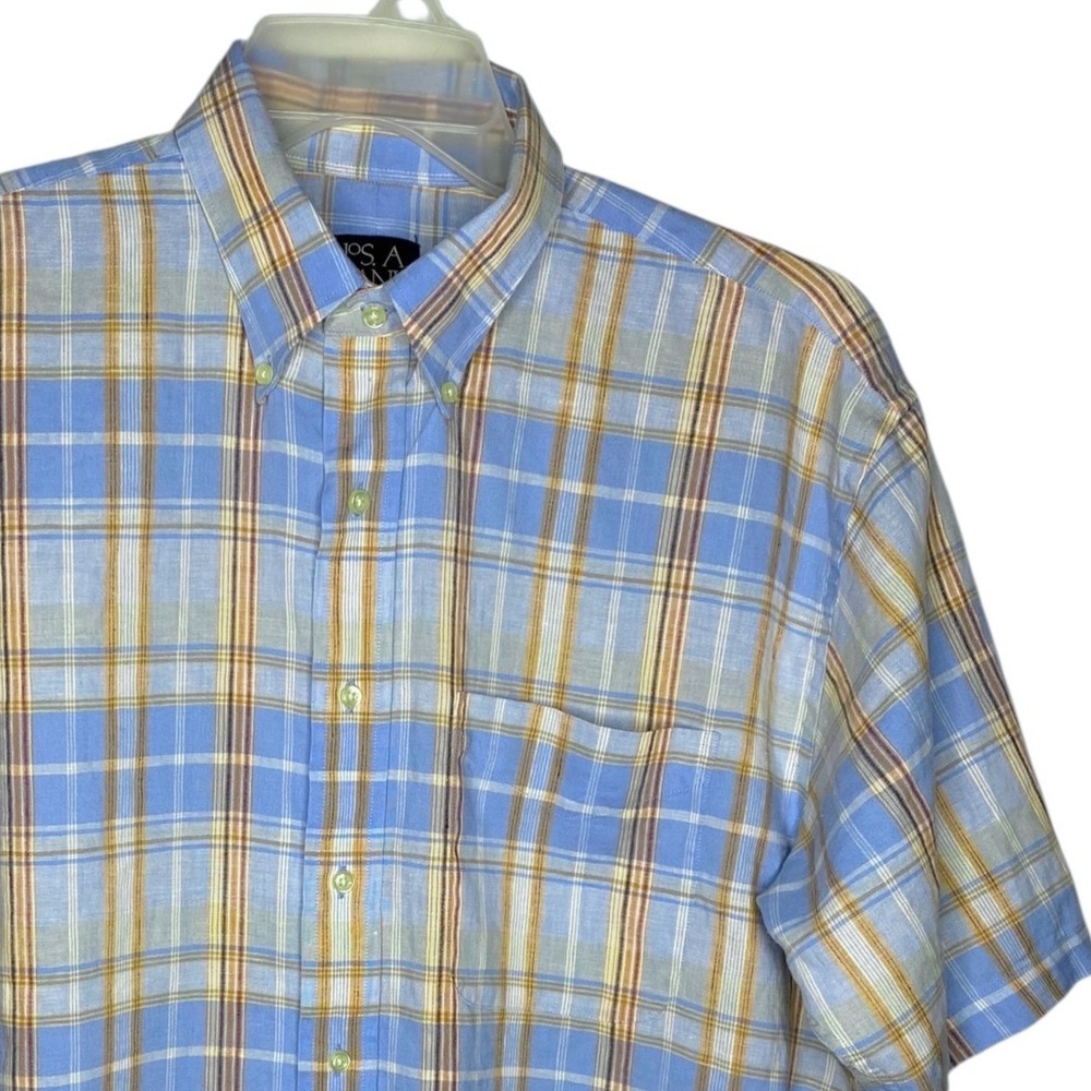 Jos. A. Bank Mens Large 100% Linen Short Sleeve Plaid Button Down Shirt Blue